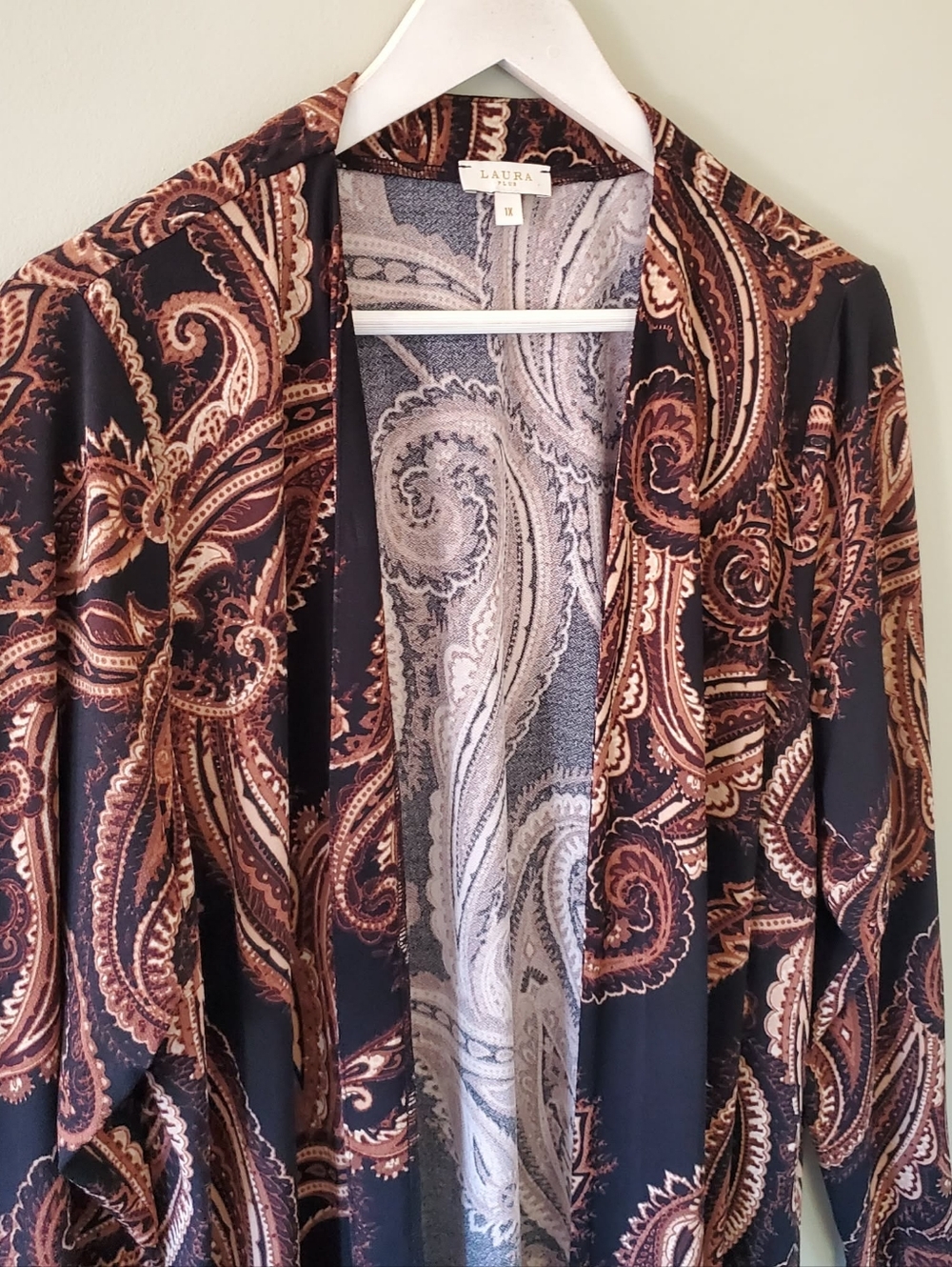 Laura 1X Modern Bohemian Hippie Resortwear Earthy Paisley Silk Knit Long Kimono - Picture 5 of 12
